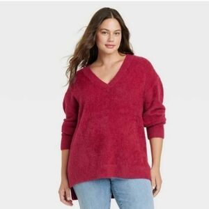 NWT Women's Ava & Viv Super Soft Red V Neck Sweater, 1X
